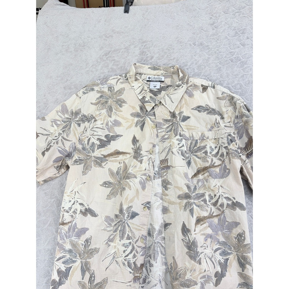 Columbia Mens XXL Tropical Fish Floral Button Down Shirt Tan AM7635 Short Sleeve
